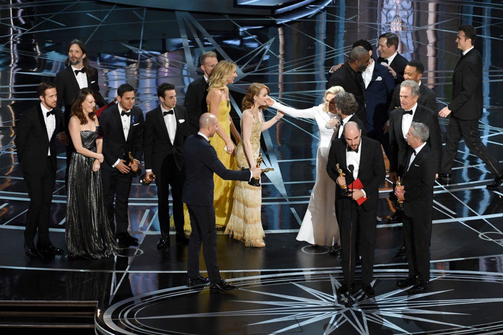 Prior to learning of a presentation error, 'La La Land' producers accept the Best Picture award (Getty Images)