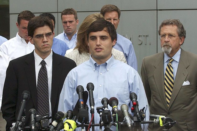 Duke lacrosse player David Evans (C), 23-years-old, proclaims his innocence after being indicted on sexual assault charges on May 15, 2006 (Photo by Sara D. Davis/Getty Images)